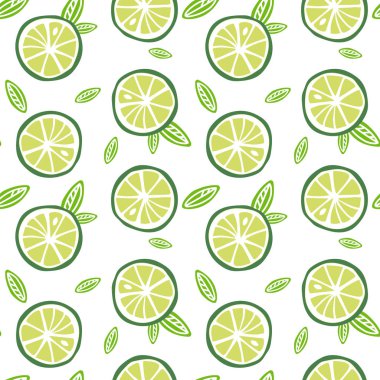 meyve limes üzerinde beyaz arka plan deseni sorunsuz vektör yeşil yaprakları ile.