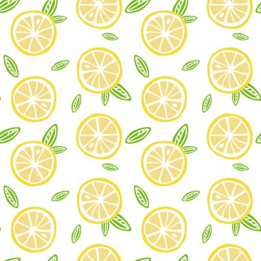 Beyaz arka plan deseni sorunsuz vektör yeşil yaprakları ile meyve limon.