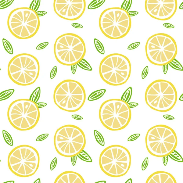 Beyaz arka plan deseni sorunsuz vektör yeşil yaprakları ile meyve limon.
