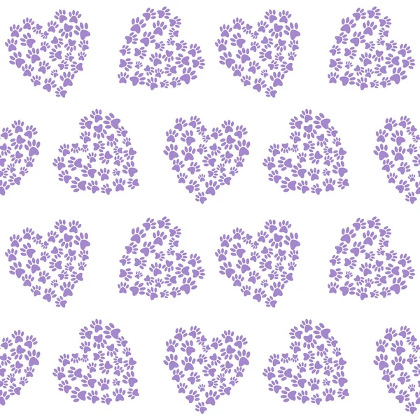 Corazón Púrpura Rastros Patas Huella Amor Patrón Sin Costura Vector — Vector de stock