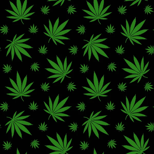 Green Leaves Cannabis Marijuana Drug Herb Pattern Black Background Seamless — Stock Vector