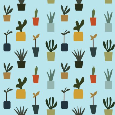 renkli saksıyı Saksı bitkiler üzerine açık mavi renkli model sorunsuz vektör.