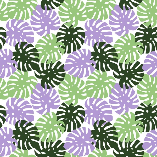 Monstera Roxo Verde Claro Verde Escuro Deixa Padrão Paraíso Verão — Vetor de Stock