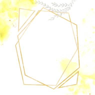 Geometrik desenler suluboya yeşil ve altın. Yaprakları, kır çiçekleri, cam, sulak suluboya davetiye tasarım. Arka plan metin, suluboya için botanik elemanları ile. Şablon. geometrik çerçeve. Kartı