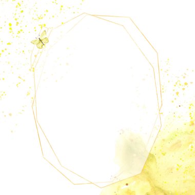 Geometrik desenler suluboya yeşil ve altın. Kelebek için metin, suluboya ile arka plan. Şablon. geometrik çerçeve. Kartı