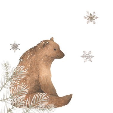 Suluboya elle çizilmiş şekil. Noel Kış Tema. Ayı ve kar taneleri. Tatil tebrik kartı.