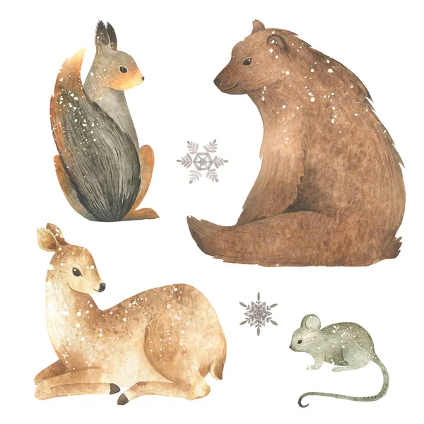 Ακουαρέλα Χειμώνα Εικονογράφηση Διακοπές Λευκό Φόντο Ζώων Ελάφια Ποντίκι Αρκούδα — Φωτογραφία Αρχείου