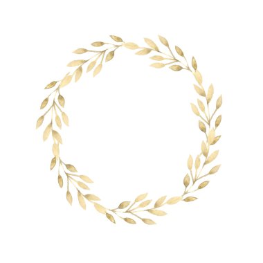 Suluboya çelenk. Bahar, yaz, sonbahar çerçeve. Şube bırakır. Elle çizilmiş şekil. Tasarım düğün davetiyeleri, tebrik kartları, kartlar.