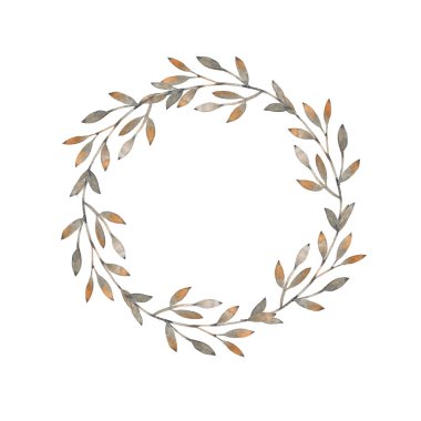 Suluboya çelenk. Bahar, yaz, sonbahar çerçeve. Şube bırakır. Elle çizilmiş şekil. Tasarım düğün davetiyeleri, tebrik kartları, kartlar.