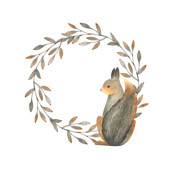水彩花环 秋天的框架 叶枝和松鼠 手绘的例证 设计婚礼请柬 森林动物 — 图库照片
