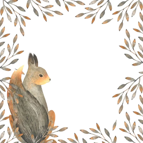 水彩秋色自然方框与松鼠 手绘的例证 用于您的邀请 广告和帖子的水彩模板 — 图库照片