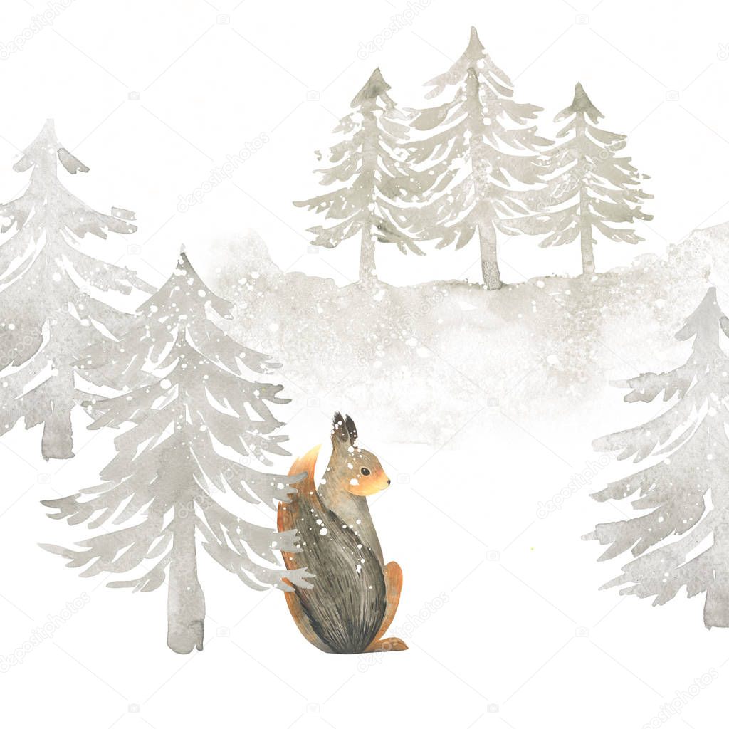 Watercolor winter holidays illustration on white background. Winter forest and squirrel . Perfect for card, poster, postcard, invitations, wedding,birthday party. 