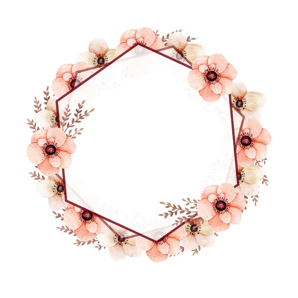 Living Coral Color Flowers Leaves Wreath Watercolor Frame Illustration Hand — Stock Photo, Image