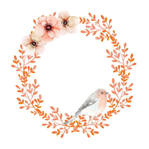 生きているサンゴ色の花し 葉の花輪 水彩画フレームの図 手描きのイラスト 結婚式招待状 グリーティング カード カードのデザイン — ストック写真