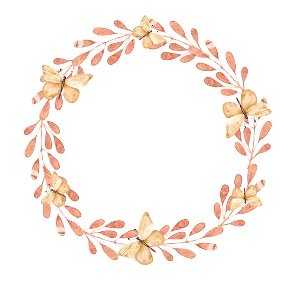 Living Coral Color Flowers Leaves Wreath Watercolor Frame Illustration Hand — Stock Photo, Image