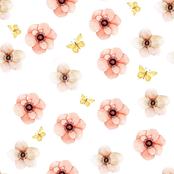 Living coral watercolor floral wallpaper seamless pattern or background. Anemone