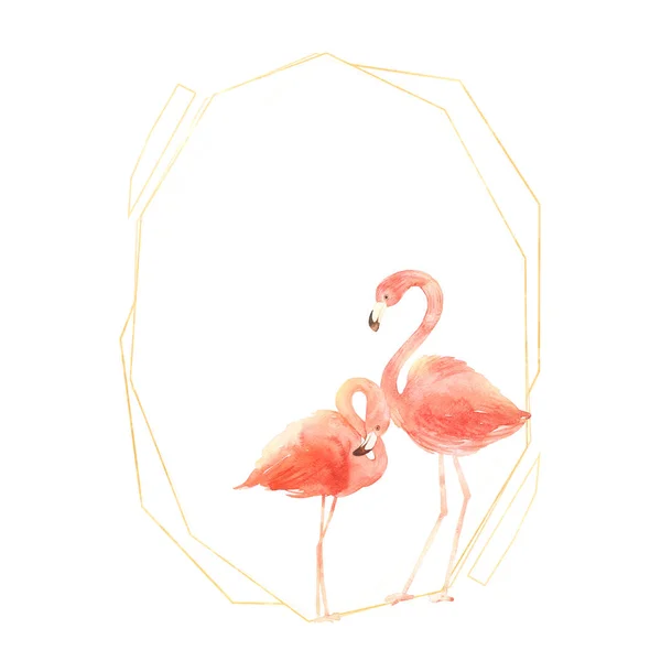 Korall Élő Flamingók Szerelmes Akvarell Boldog Valentin Napi Üdvözlőlap Kézzel — Stock Fotó