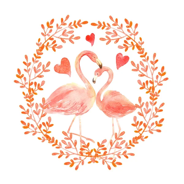 Levend Koraal Flamingo Liefde Aquarel Happy Valentine Dag Wenskaart Hand — Stockfoto