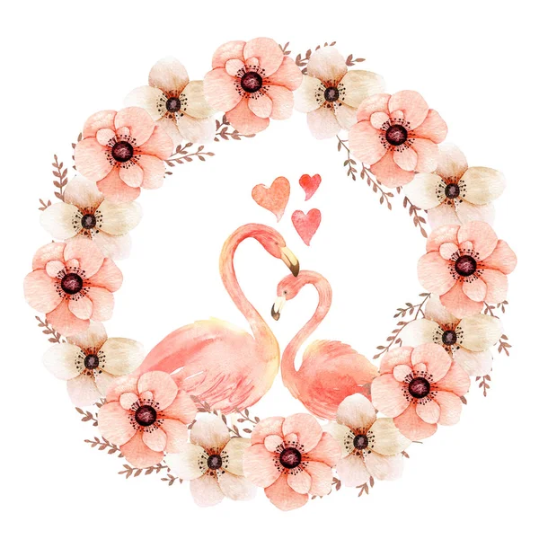 Levend Koraal Flamingo Liefde Aquarel Happy Valentine Dag Wenskaart Hand — Stockfoto