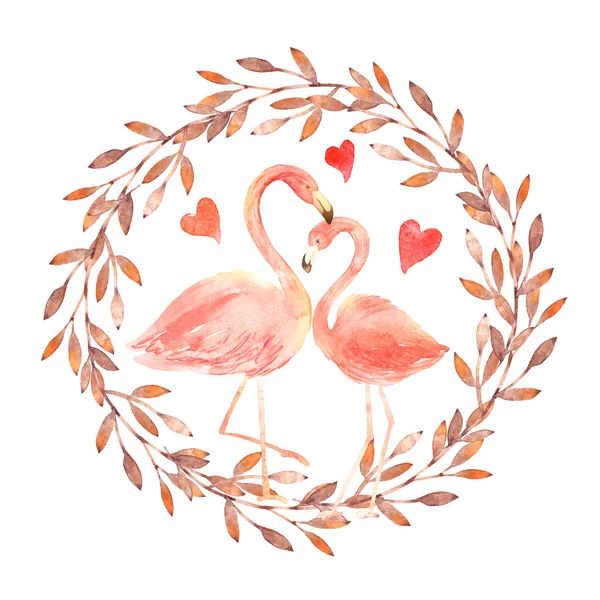 Flamingos Coral Vivos Apaixonados Watercolor Cartão Feliz Dia Dos Namorados — Fotografia de Stock