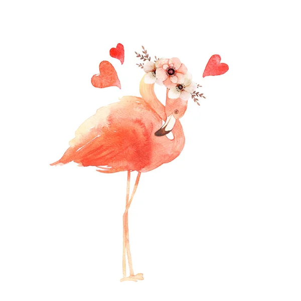 Living coral flamingos in love. Watercolor Happy Valentine\'s day greeting card. Hand drawn. Pink