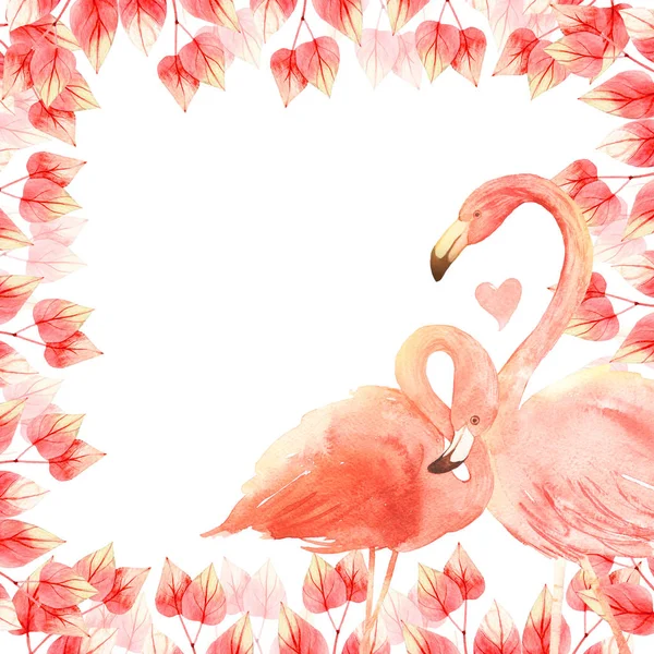 Korall Élő Flamingók Szerelmes Akvarell Boldog Valentin Napi Üdvözlőlap Kézzel — Stock Fotó