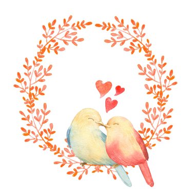 Şirin suluboya romantik illüstrasyon. Sevgililer günü, düğün günü, karalama defteri, davetler için yaşam mercan çelenk.