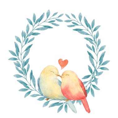 Şirin suluboya romantik illüstrasyon. Çelenk kuşlarla Valentine's Day, düğün günü, karalama defteri, davetler için bırakır. Yaşam mercan