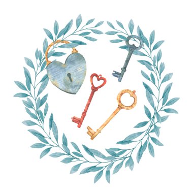 Şirin suluboya romantik illüstrasyon. Çelenk ile kale ve Sevgililer günü, düğün günü, karalama defteri, davetler için anahtar. 