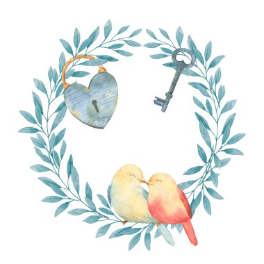 Şirin suluboya romantik illüstrasyon. Çelenk kuşlarla Valentine's Day, düğün günü, karalama defteri, davetler için bırakır. Yaşam mercan