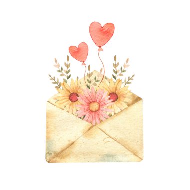 Sulu Boya şirin illüstrasyon ile eski zarf, kuş. Aşk kartı, Sevgililer günü kutlama tasarım için iyi.