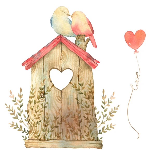 Ακουαρέλα Χαριτωμένη Εικόνα Πουλιά Στην Αγάπη Καλό Για Αγάπη Κάρτα — Φωτογραφία Αρχείου