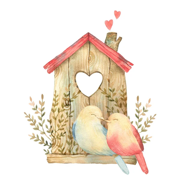 Watercolor cute illustration with birds in love. Good for love card, valentine day congratulation design.
