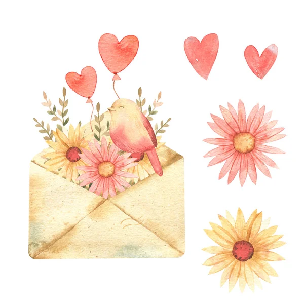 Watercolor Cute Illustration Old Envelope Bird Good Love Card Valentine — Stock Photo, Image