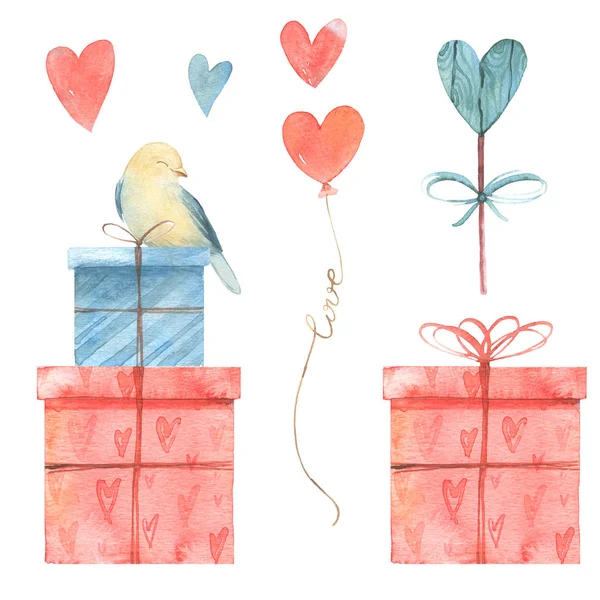 Aquarel Schattig Illustratie Met Geschenken Vogel Liefde Goed Voor Liefde — Stockfoto