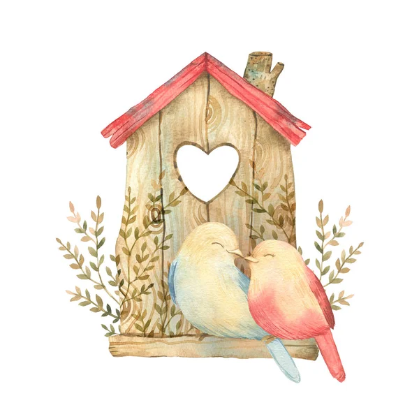 Watercolor Ilustração Bonito Com Pássaros Apaixonados Bom Para Cartão Amor — Fotografia de Stock
