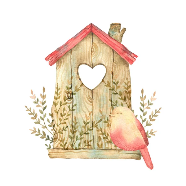 Samling Akvarell Färgglada Birdhouses Söta Fåglar Och Fågelbon Illustrationer Handritad — Stockfoto