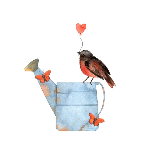 Sulu Boya Şirin Illüstrasyon Kuş Ile Aşk Kartı Sevgililer Günü — Stok fotoğraf