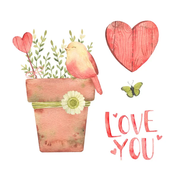 Watercolor cute illustration, flowerpots with flower and bird. Spring or summer design for invitation, wedding. Good for love card, valentine day congratulation design.