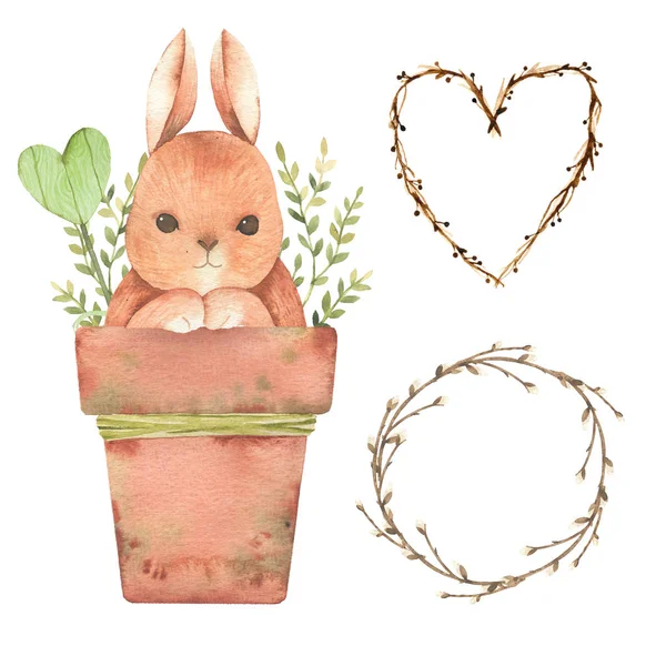 Aquarelle Dessinée Main Heureux Ensemble Pâques Avec Lapin Lapin Pot — Photo