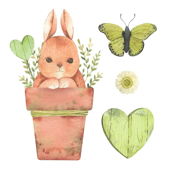 手绘水彩画快乐的复活节设置与兔子 兔子在花盆 春假装饰 它非常适合复活节卡 — 图库照片