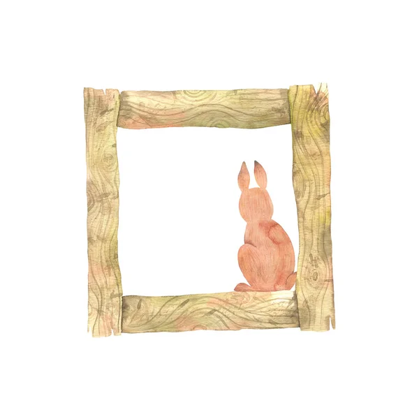 Hand drawn watercolor happy easter frame with bunny . Spring holiday decoration. It's perfect for easter cards, posters, banners, prints.