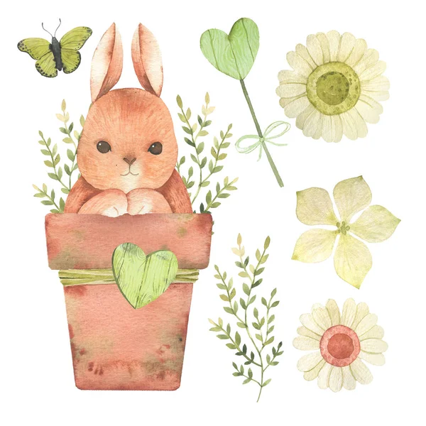 Aquarelle Dessinée Main Heureux Ensemble Pâques Avec Lapin Lapin Pot — Photo