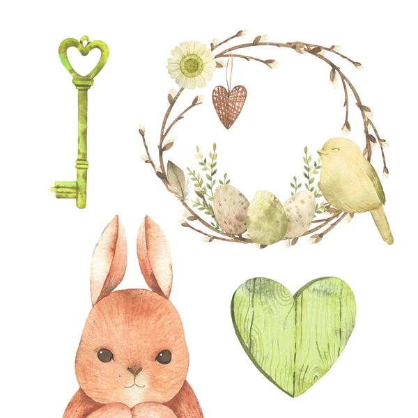 Elle Çizilmiş Suluboya Mutlu Paskalya Çelenk Willow Kalp Anahtar Tavşan — Stok fotoğraf