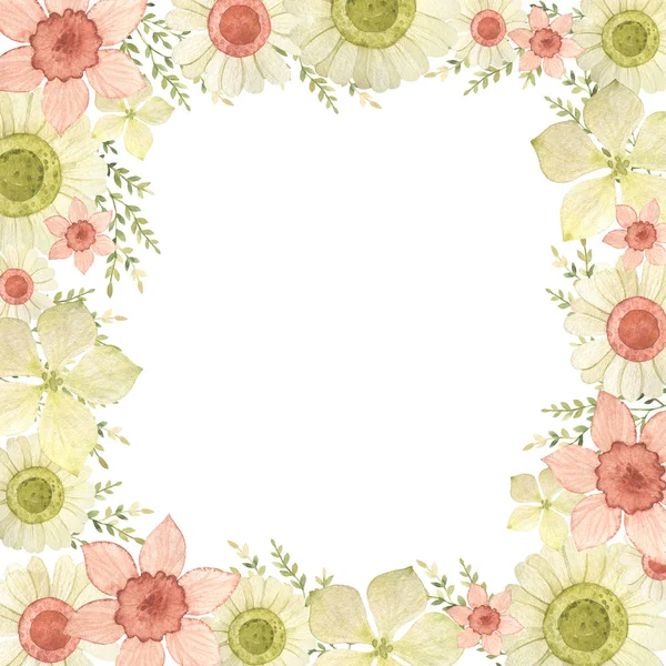框架水彩绿色花朵 春季或夏季的邀请 婚礼或贺卡设计 — 图库照片
