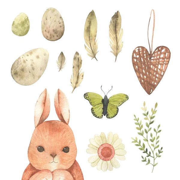Acuarela Dibujada Mano Feliz Pascua Con Conejo Conejo Huevo Flor —  Fotos de Stock