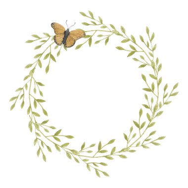 Suluboya çelenk. Çerçeve bırakır. Grennery rengi. Tatil dekorasyon bahar ve yaz. Paskalya kartları, posterler, afişler, parmak izi için idealdir.