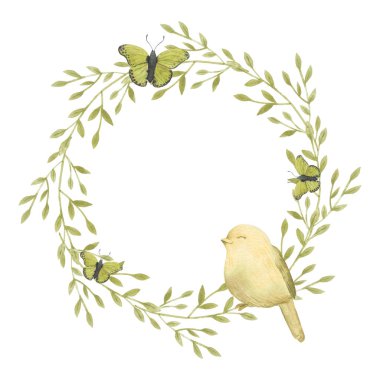 Suluboya çelenk. Çerçeve bırakır. Grennery rengi. Tatil dekorasyon bahar ve yaz. Paskalya kartları, posterler, afişler, parmak izi için idealdir.