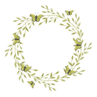 Suluboya çelenk. Çerçeve bırakır. Grennery rengi. Tatil dekorasyon bahar ve yaz. Paskalya kartları, posterler, afişler, parmak izi için idealdir.