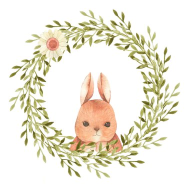 El suluboya mutlu Paskalya çekilmiş. Çelenk bıraktı. Bahar tatil dekorasyon. Paskalya kartları, posterler, afişler, parmak izi için idealdir.